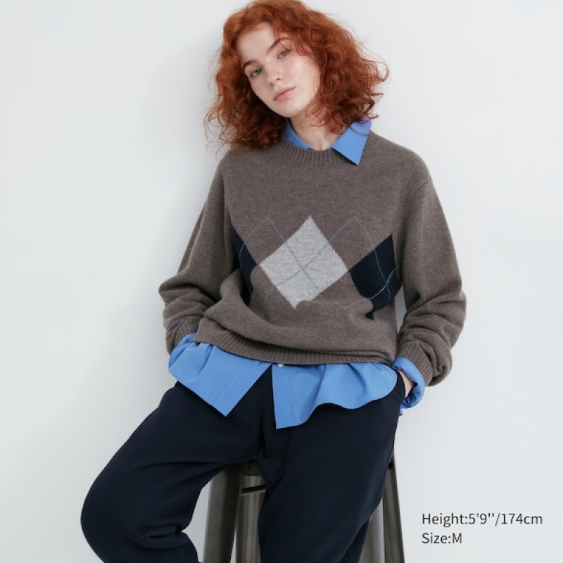 Uniqlo Premium Lambswool Crew Neck Long-Sleeve Trøjer Dame Brune | 8736-UCDOA