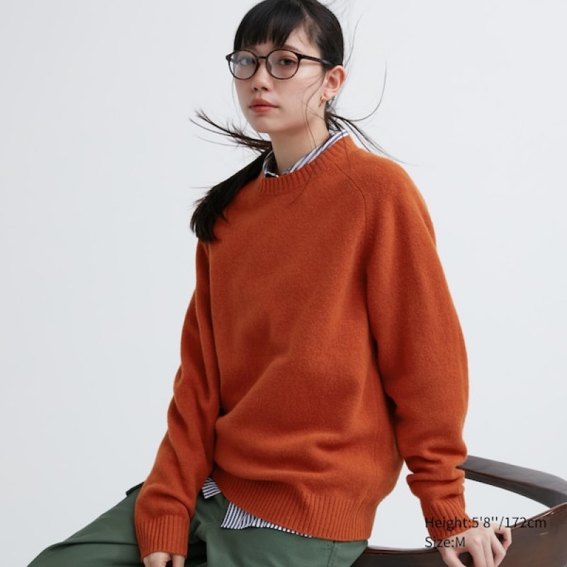 Uniqlo Premium Lambswool Crew Neck Long Sleeve Trøjer Dame Orange | 8457-VJCXD