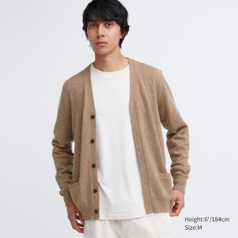 Uniqlo Premium Lambswool V-Neck Long-Sleeve Cardigan Herre Beige | 6374-VRFMO