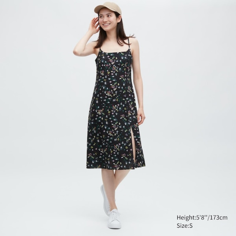 Uniqlo Printed Front Slit Camisole Kjole Dame Sort | 3059-ZGVJM