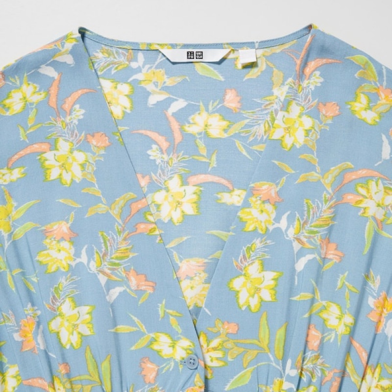 Uniqlo Printed V-Neck Kort-Sleeve Flare Kjole Dame Grøn | 5349-CIFQV