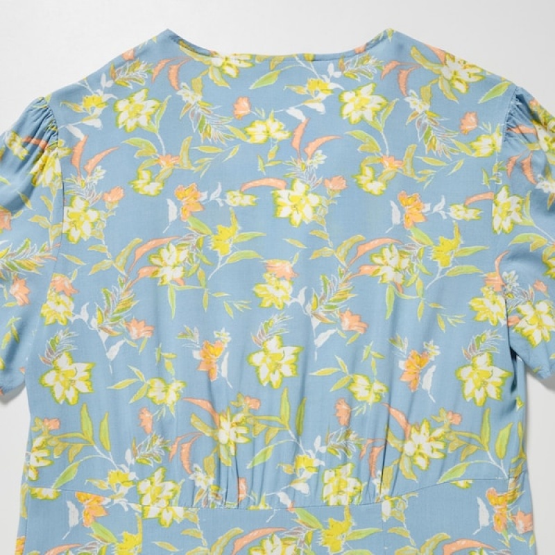 Uniqlo Printed V-Neck Kort-Sleeve Flare Kjole Dame Grøn | 5349-CIFQV