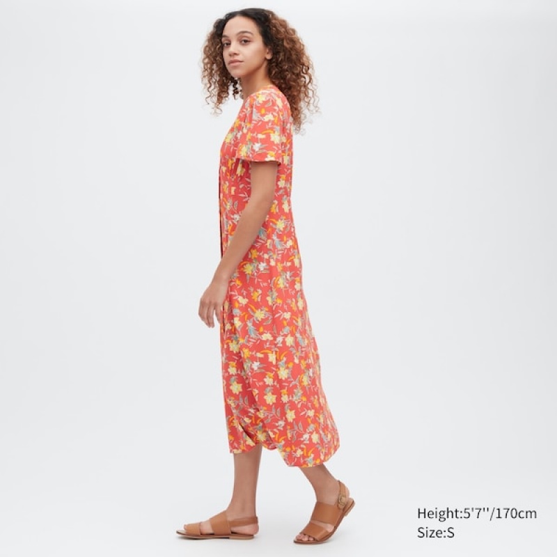 Uniqlo Printed V-Neck Kort-Sleeve Flare Kjole Dame Rød | 5039-BXOIP