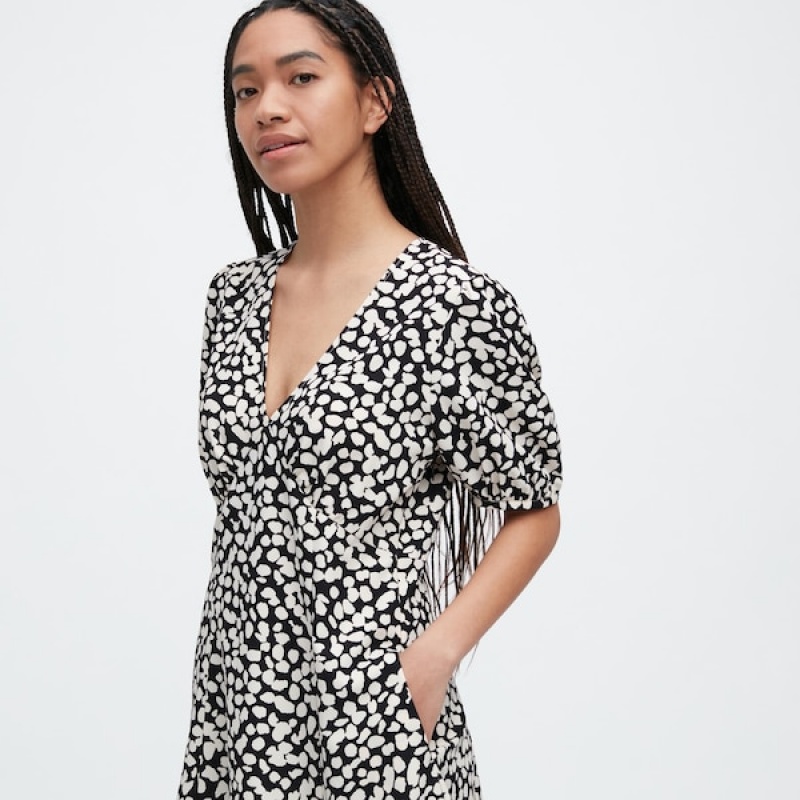 Uniqlo Printed V-Neck Kort-Sleeve Mini Kjole Dame Sort | 5167-YFHCK