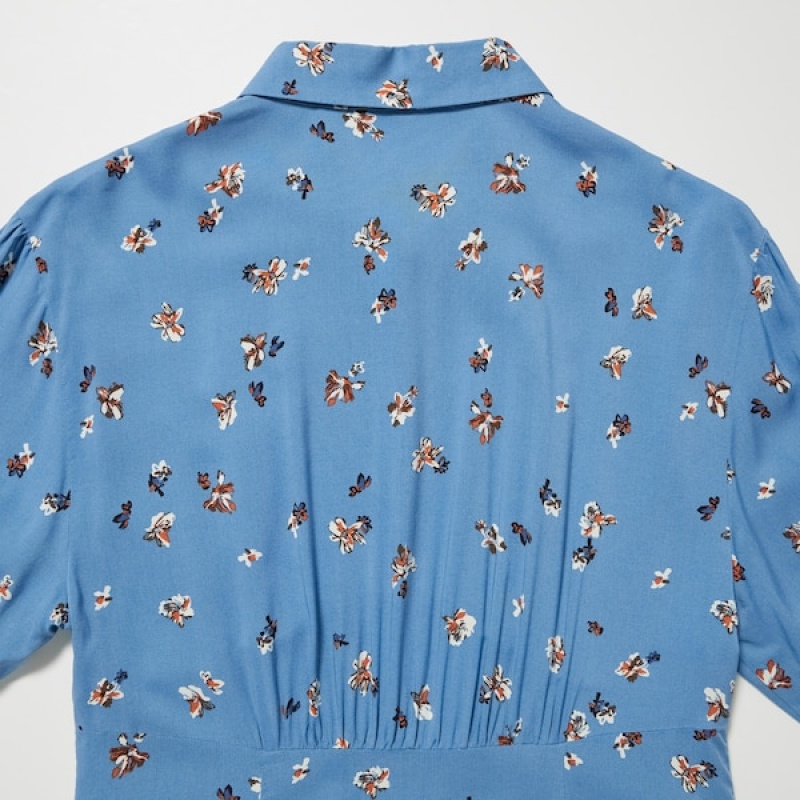 Uniqlo Printed V-Neck Long-Sleeve Mini Kjole Dame Blå | 6709-ELVDH