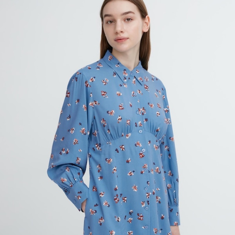 Uniqlo Printed V-Neck Long-Sleeve Mini Kjole Dame Blå | 6709-ELVDH