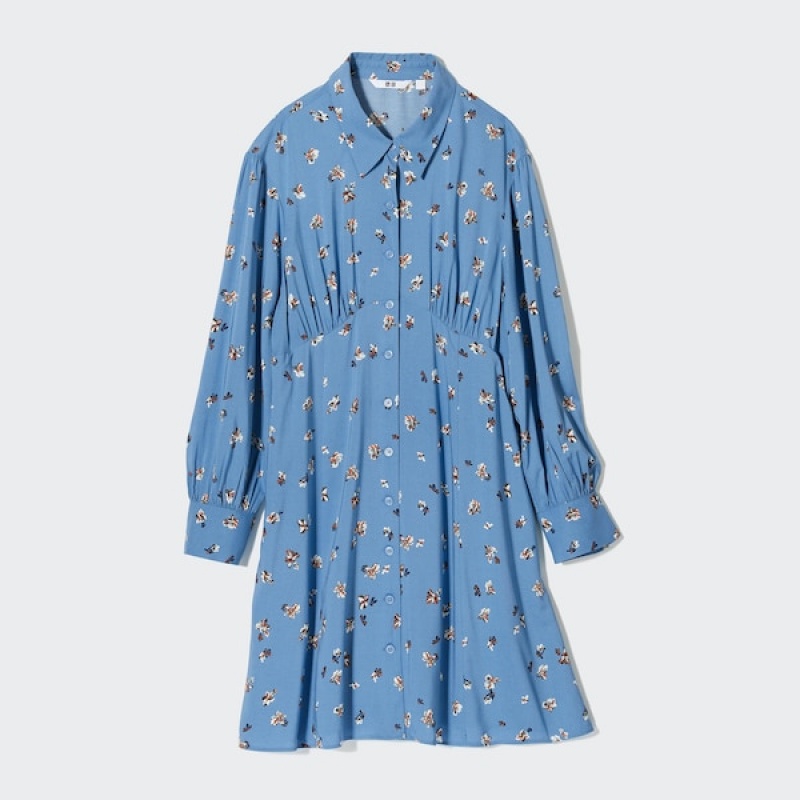 Uniqlo Printed V-Neck Long-Sleeve Mini Kjole Dame Blå | 6709-ELVDH