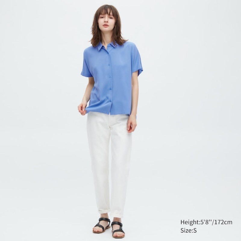 Uniqlo Rayon Kort-Sleeve Skjorte Dame Blå | 0179-XAQCV