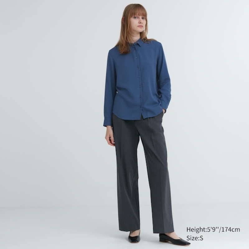 Uniqlo Rayon Long-Sleeve Skjorte Dame Blå | 8704-SICOH