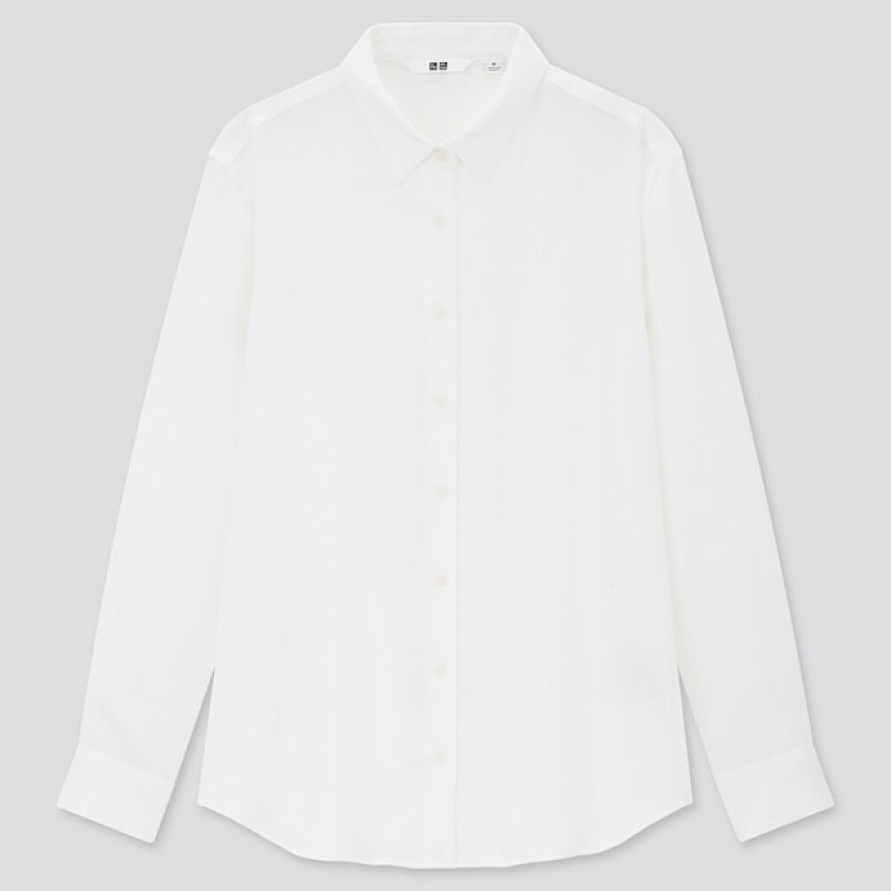 Uniqlo Rayon Long-Sleeve Skjorte Dame Hvide | 0486-BHXDP