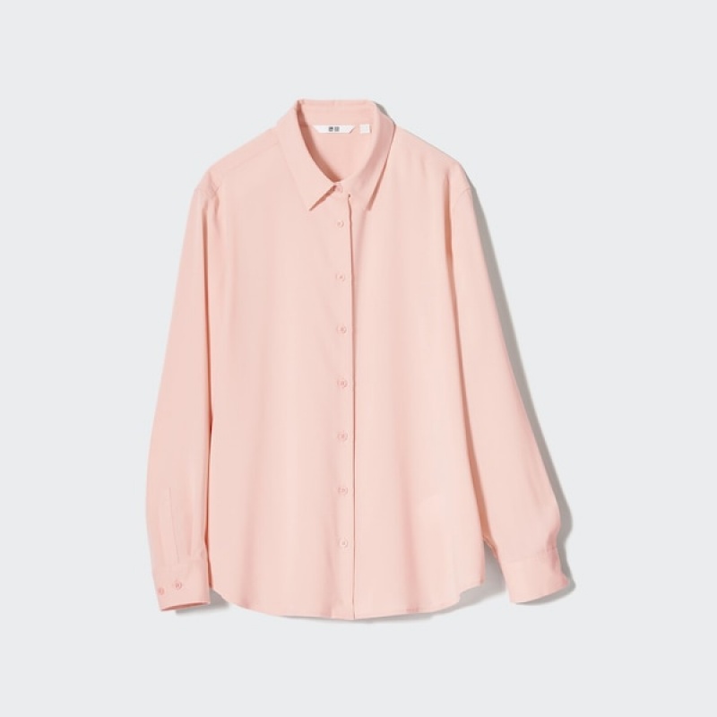 Uniqlo Rayon Long-Sleeve Skjorte Dame Lyserød | 3596-TOSQR