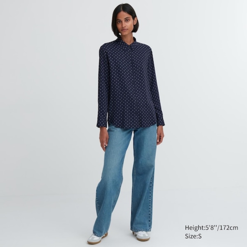 Uniqlo Rayon Printed Long-Sleeve Skjorte Dame Mørkeblå | 3685-RJFLC