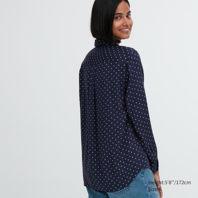 Uniqlo Rayon Printed Long-Sleeve Skjorte Dame Mørkeblå | 3685-RJFLC