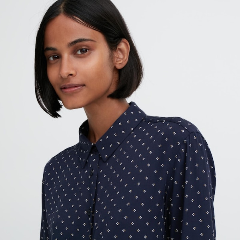 Uniqlo Rayon Printed Long-Sleeve Skjorte Dame Mørkeblå | 3685-RJFLC