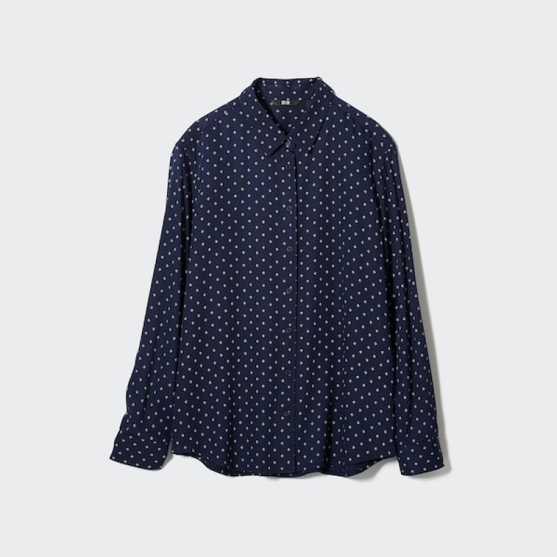 Uniqlo Rayon Printed Long-Sleeve Skjorte Dame Mørkeblå | 3685-RJFLC