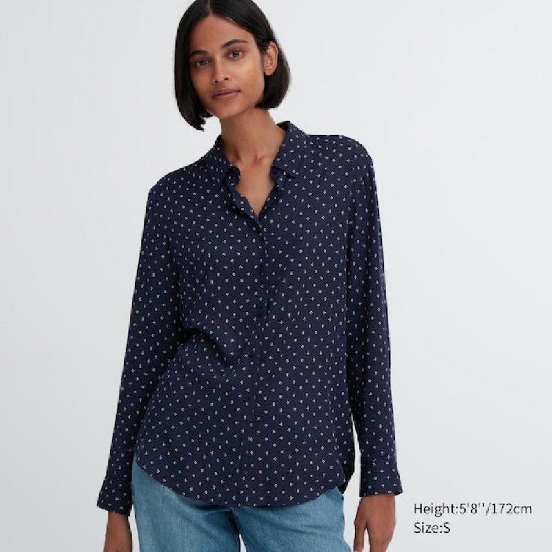 Uniqlo Rayon Printed Long-Sleeve Skjorte Dame Mørkeblå | 3685-RJFLC