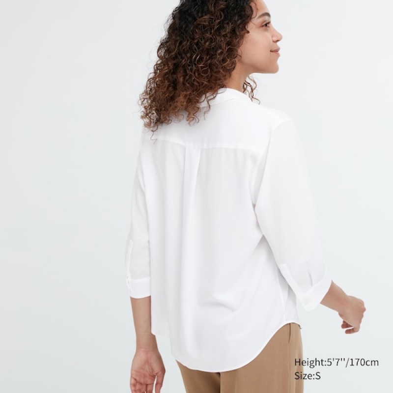 Uniqlo Rayon Skipper Collar 3/4-Sleeve Skjorte Dame Hvide | 7084-JOPKV