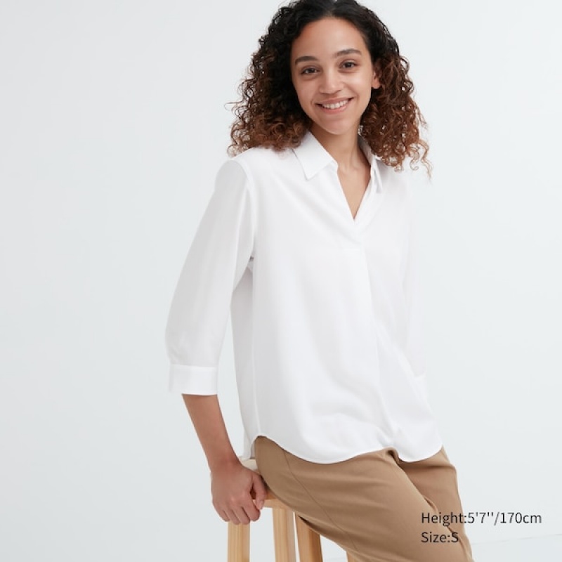 Uniqlo Rayon Skipper Collar 3/4-Sleeve Skjorte Dame Hvide | 7084-JOPKV