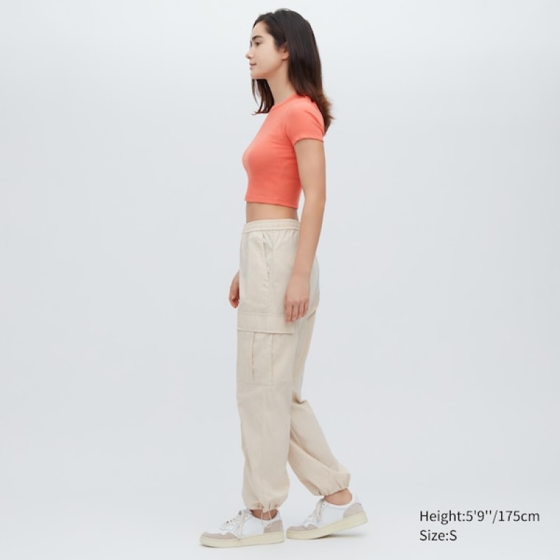 Uniqlo Ribbet Crew Neck Kort-Sleeve Cropped T Shirts Dame Orange | 8051-WLRQM