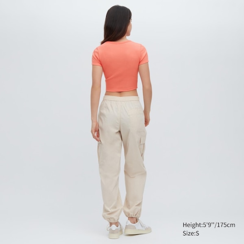 Uniqlo Ribbet Crew Neck Kort-Sleeve Cropped T Shirts Dame Orange | 8051-WLRQM