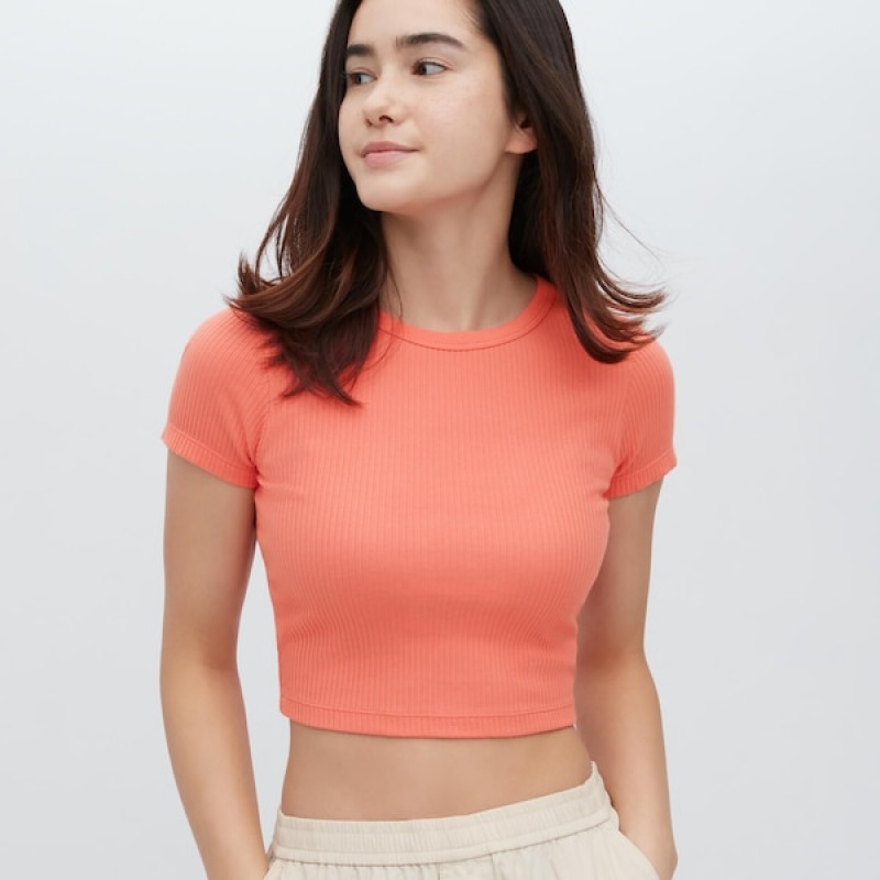 Uniqlo Ribbet Crew Neck Kort-Sleeve Cropped T Shirts Dame Orange | 8051-WLRQM