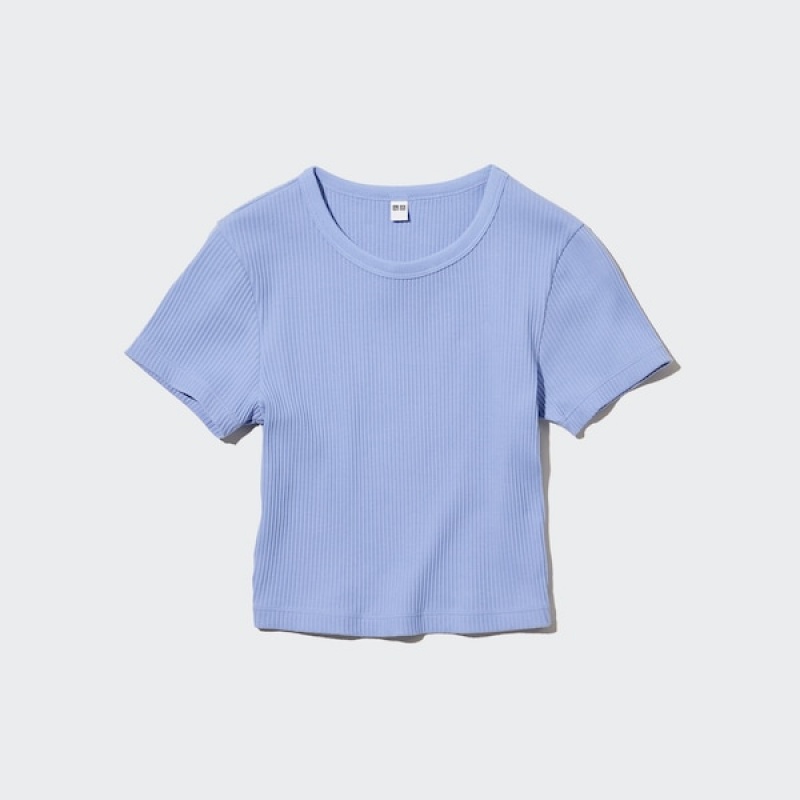 Uniqlo Ribbet Crew Neck Kort-Sleeve Cropped T Shirts Dame Blå | 2465-STKMU