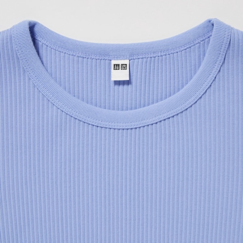 Uniqlo Ribbet Crew Neck Kort-Sleeve Cropped T Shirts Dame Blå | 2465-STKMU