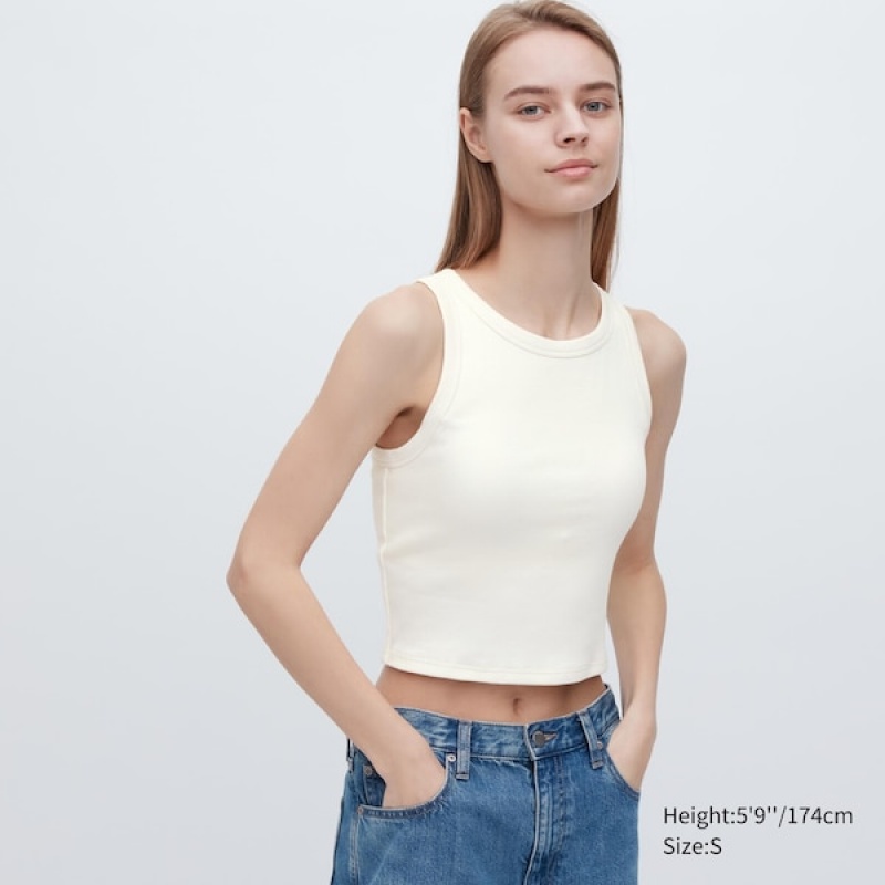 Uniqlo Ribbet Cropped Uden Ærmer Bra Toppe Dame Hvide | 3540-AHEGW