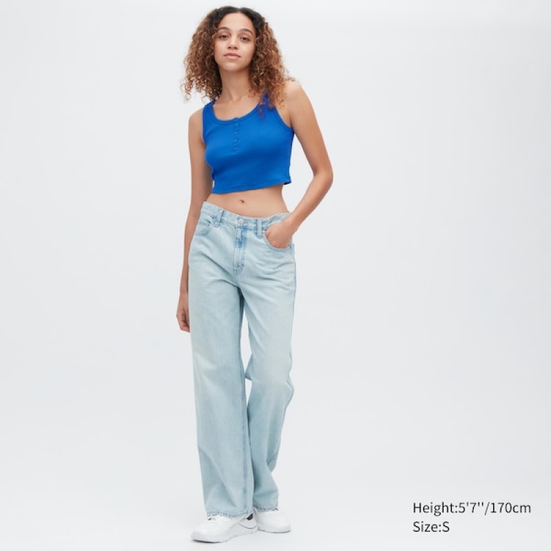 Uniqlo Ribbet Henley Neck Cropped Tank Toppe Dame Sort | 8032-AFDHY