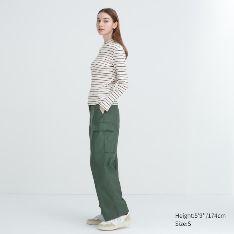 Uniqlo Ribbet Stribet High Neck Long-Sleeve T Shirts Dame Hvide | 1394-PFIDJ