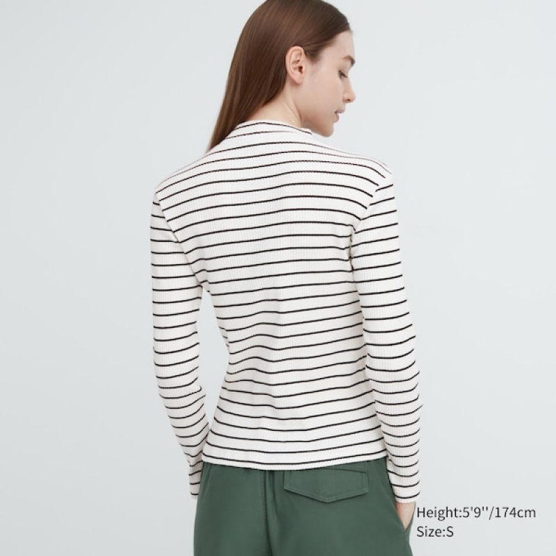 Uniqlo Ribbet Stribet High Neck Long-Sleeve T Shirts Dame Hvide | 1394-PFIDJ