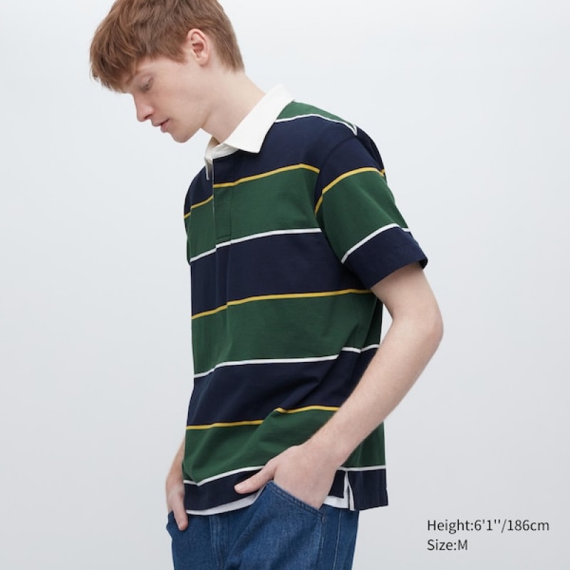 Uniqlo Rugger Stribet Kort Sleeve Poloshirt Herre Grøn | 6013-QHWFM