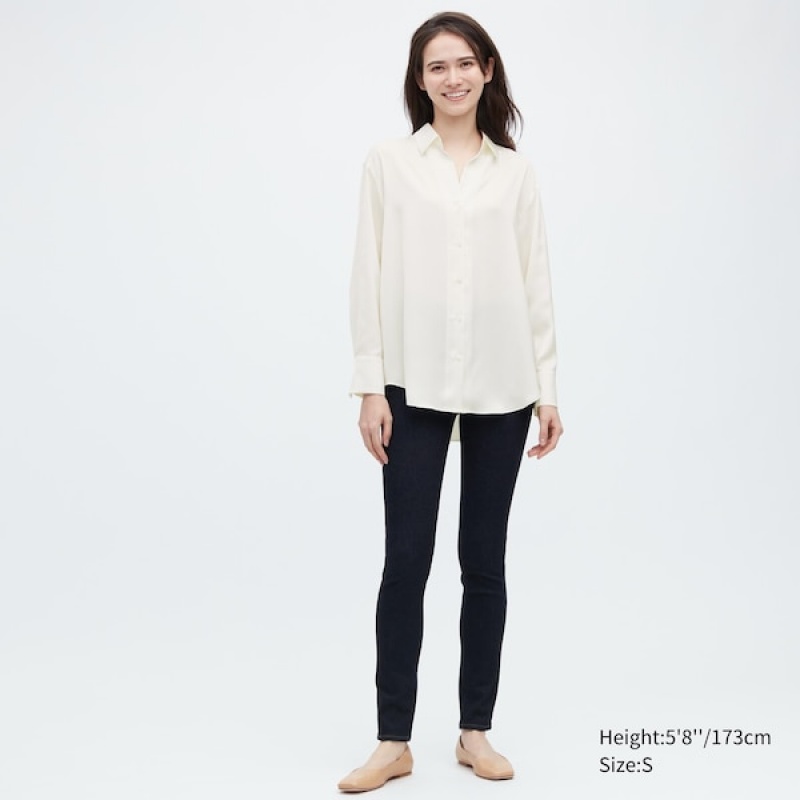 Uniqlo Satin Long-Sleeve Skjorte Dame Hvide | 0587-MOBQP