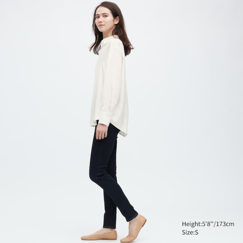 Uniqlo Satin Long-Sleeve Skjorte Dame Hvide | 0587-MOBQP