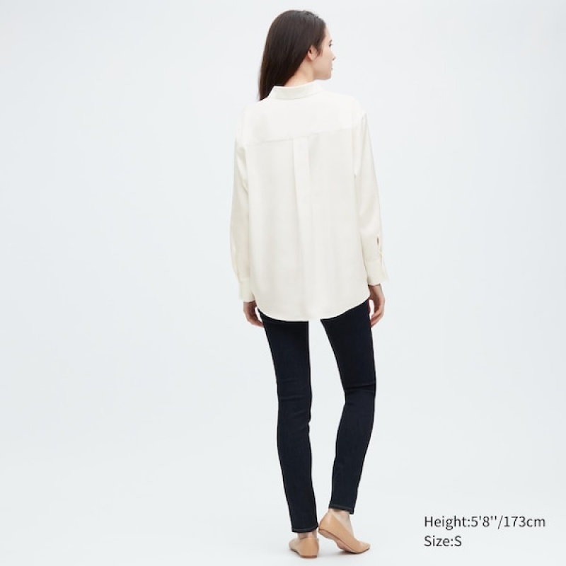 Uniqlo Satin Long-Sleeve Skjorte Dame Hvide | 0587-MOBQP