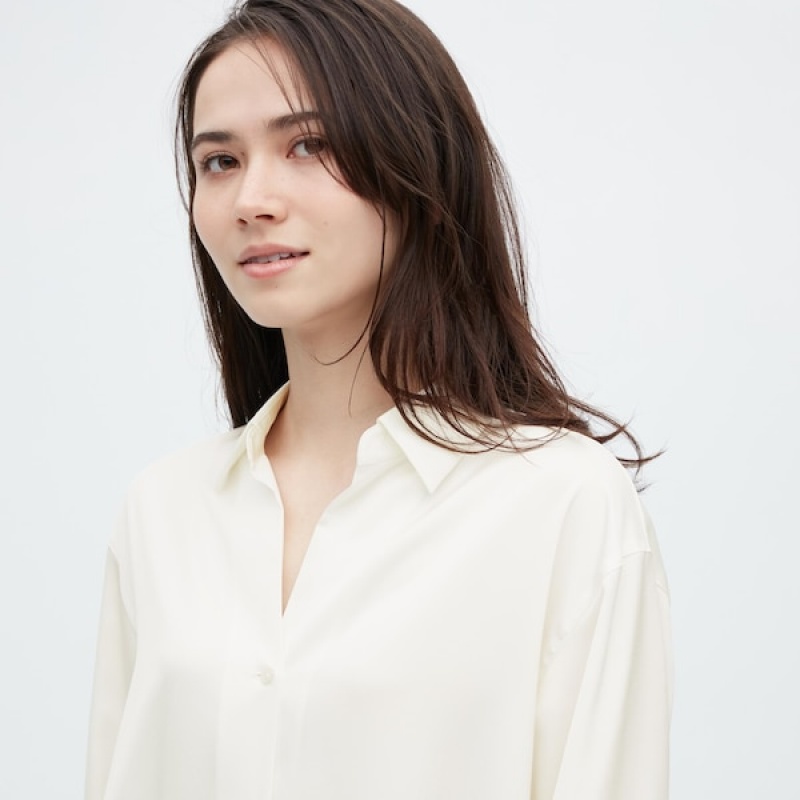 Uniqlo Satin Long-Sleeve Skjorte Dame Hvide | 0587-MOBQP