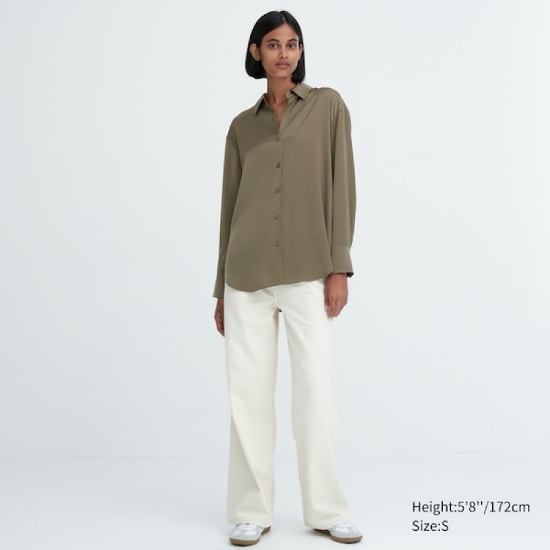 Uniqlo Satin Long-Sleeve Skjorte Dame Olivengrøn | 0926-XUGEO