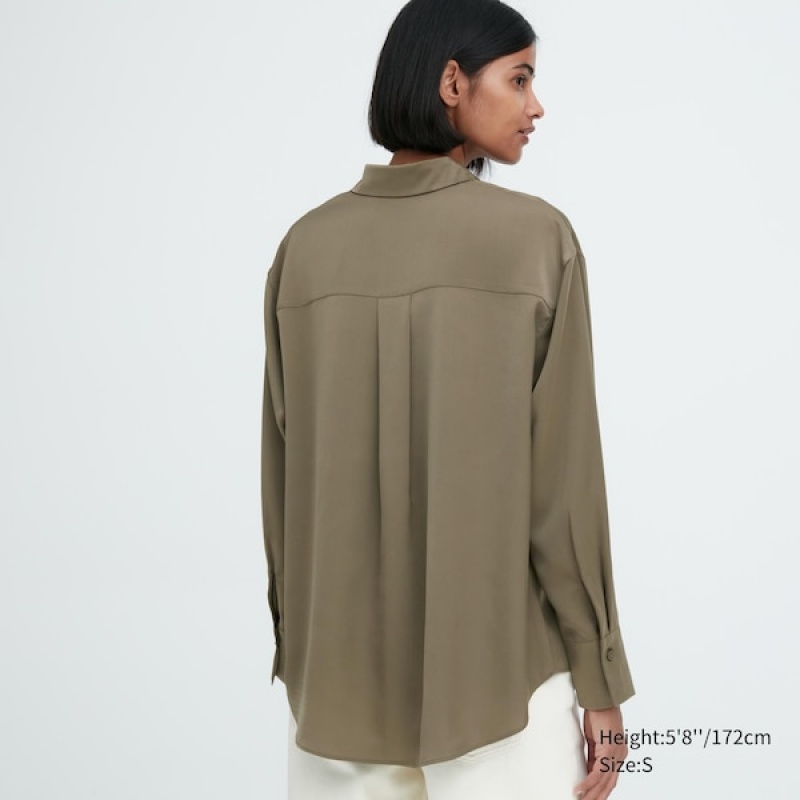 Uniqlo Satin Long-Sleeve Skjorte Dame Olivengrøn | 0926-XUGEO