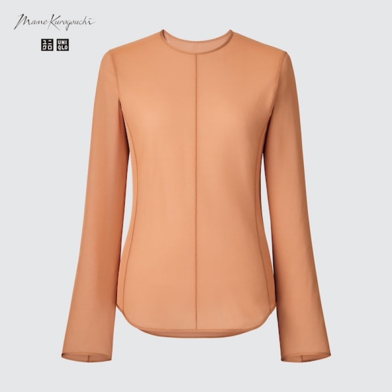 Uniqlo Sheer Crew Neck Long-Sleeve T Shirts Dame Brune | 1375-GZDBO