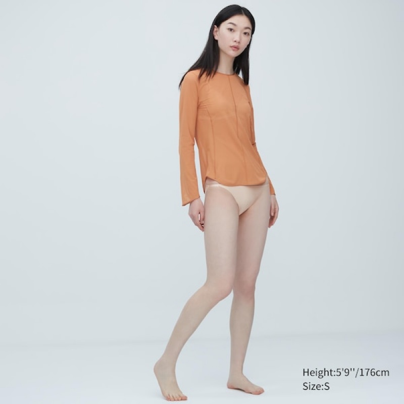 Uniqlo Sheer Crew Neck Long-Sleeve T Shirts Dame Brune | 1375-GZDBO