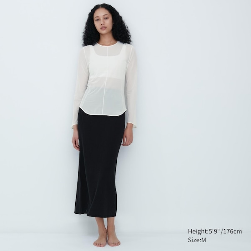 Uniqlo Sheer Crew Neck Long-Sleeve T Shirts Dame Hvide | 2451-VUBEF