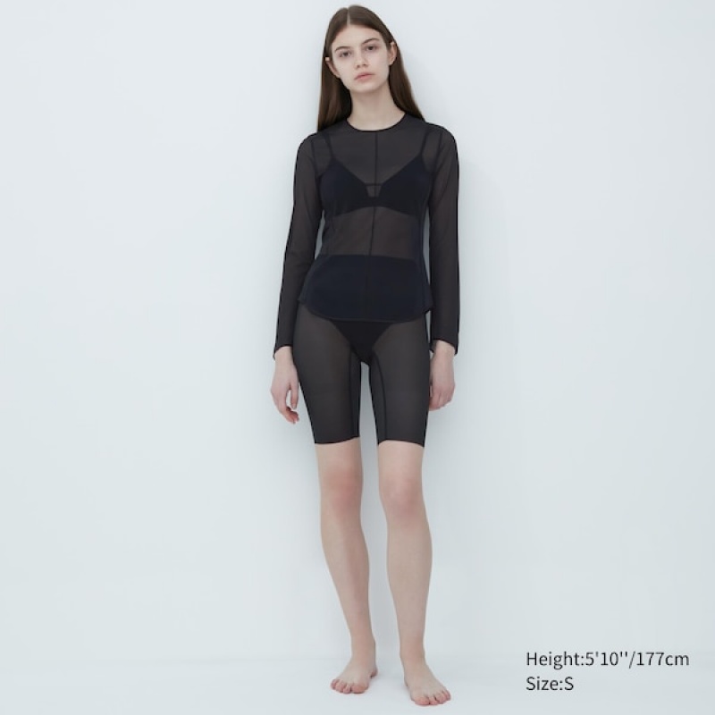 Uniqlo Sheer Crew Neck Long-Sleeve T Shirts Dame Sort | 8167-TNZMU