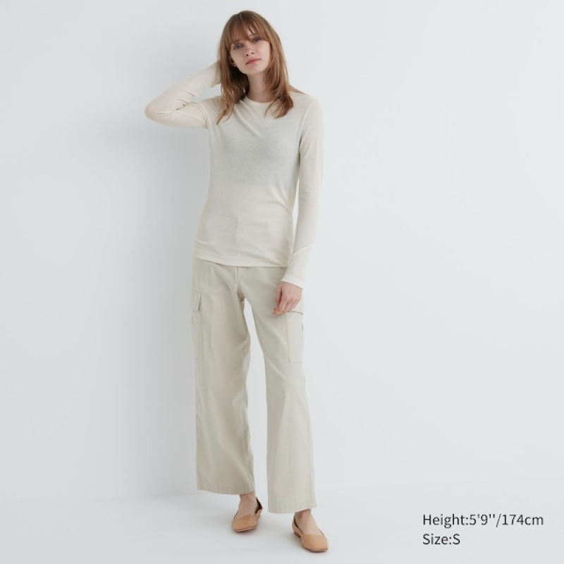 Uniqlo Sheer Jersey Crew Neck Long-Sleeve T Shirts Dame Hvide | 3105-WGAFJ