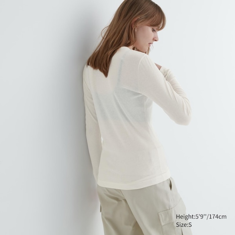 Uniqlo Sheer Jersey Crew Neck Long-Sleeve T Shirts Dame Hvide | 3105-WGAFJ