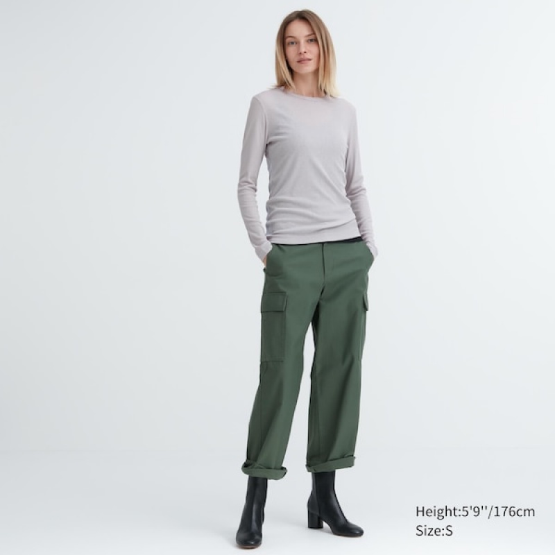 Uniqlo Sheer Jersey Crew Neck Long-Sleeve T Shirts Dame Hvide | 6105-XGEHV