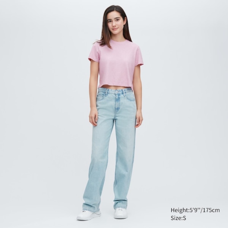 Uniqlo Slub Jersey Cropped Kort-Sleeve T Shirts Dame Lyserød | 8527-BRHUJ