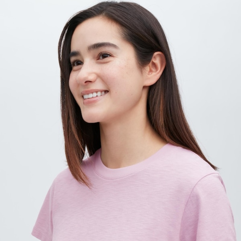 Uniqlo Slub Jersey Cropped Kort-Sleeve T Shirts Dame Lyserød | 8527-BRHUJ