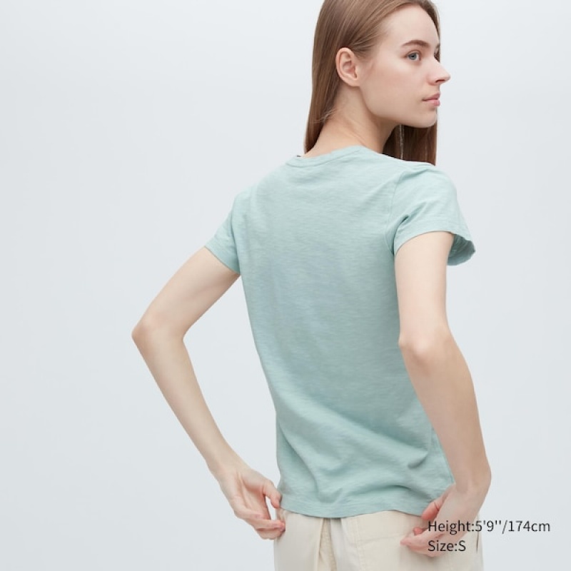 Uniqlo Slub Jersey V-Neck Kort-Sleeve T Shirts Dame Turkis | 0893-HZXCP