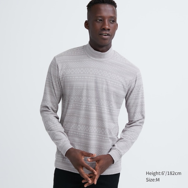 Uniqlo Smooth Fleece Printed Mock Neck T Shirts Herre Grå | 1024-BGPIJ