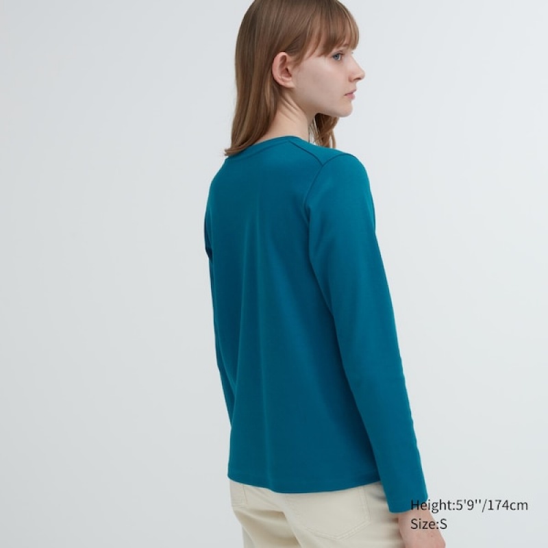 Uniqlo Smooth Stretch Bomulds Crew Neck Long-Sleeve T Shirts Dame Blå | 2389-OCELZ